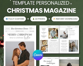 Plantilla de revista navideña de Canva: álbum de fotos navideño personalizado, recuerdo de pareja, regalo familiar, descarga digital editable.