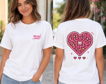 Arcade Heart Pixel Art Shirt, Cute Gamer Girl Tee, Kawaii Retro Gaming Shirt, Pink Pixel Heart T-Shirt, Cozy Gamer Gift
