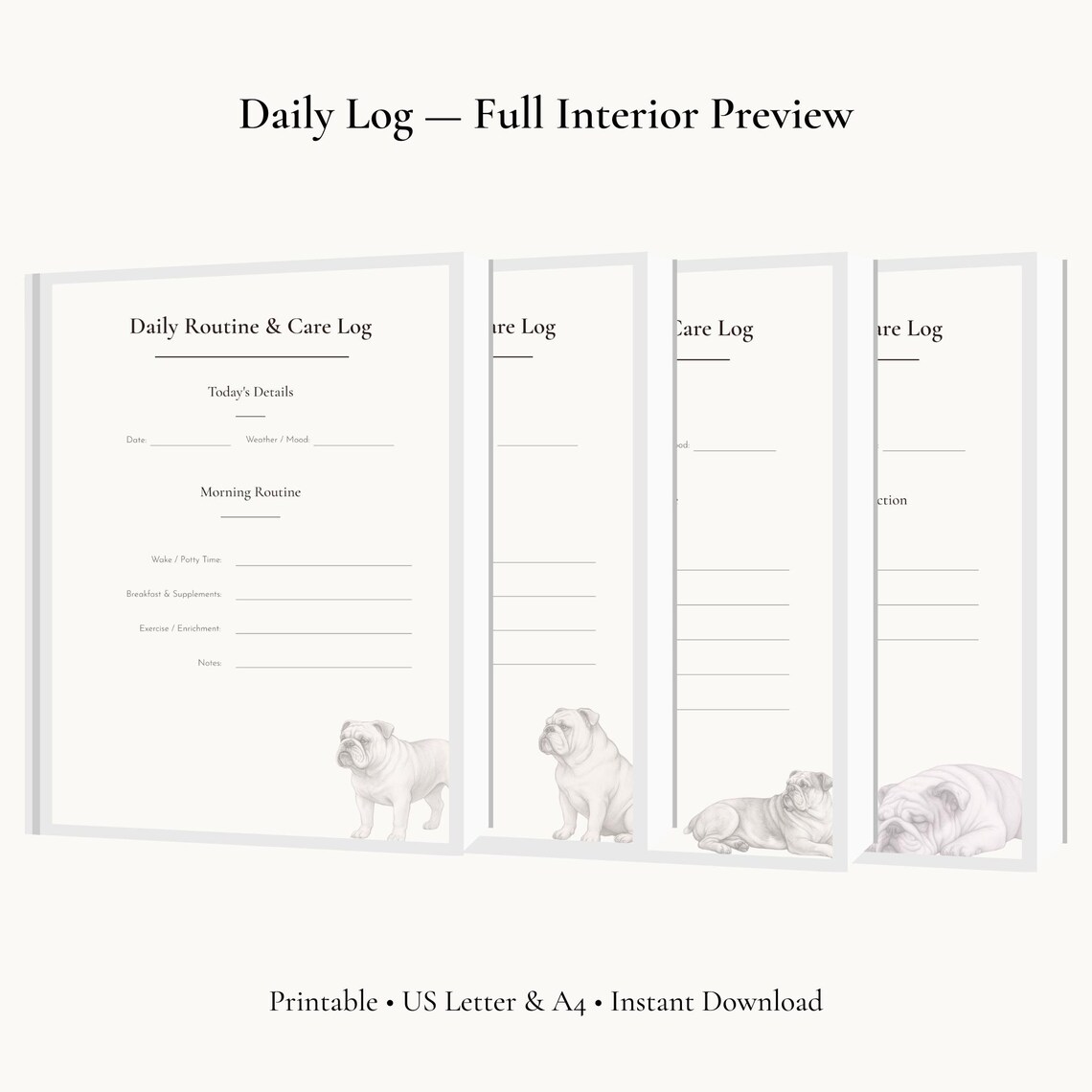 English Bulldog Daily Routine & Care Log Dog Care Planner Printable