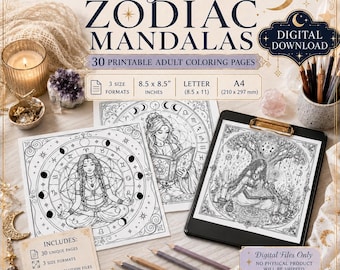 Dibujos para colorear de mandalas del zodíaco místico para adultos, fases lunares y geometría sagrada (PDF imprimible)