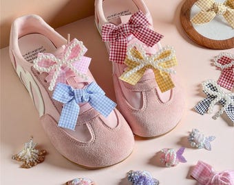 Adornos para zapatos con lazo estilo Y2K, accesorios para zapatillas con perlas y estampado de cuadros Kawaii, decoración de zapatos con estética coqueta, lindo adorno para bolso con lazo, regalo personalizado para mujer.