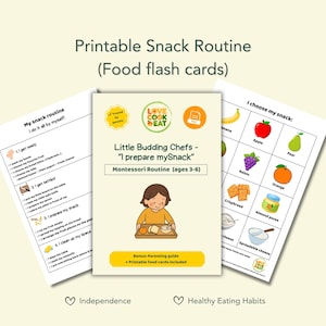 Peut inclure: Cartes de routine de collation imprimables pour enfants. Les cartes présentent des illustrations de fruits, de collations et d'un enfant préparant une collation. Le texte comprend "Little Budding Chefs - I prepare mySnack" et "Montessori Routine (âges 3-6)".