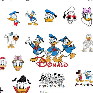 Paquete de archivos SVG de Donald Duck / 37 archivos – Personajes clásicos de dibujos animados y poses divertidas / PNG + Vector / Descarga instantánea para Cricut y Silhouette