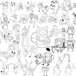 May include: A collection of black and white line art illustrations featuring characters from the animated series Adventure Time. The images include Finn, Jake, Princess Bubblegum, and BMO in various poses and scenes.