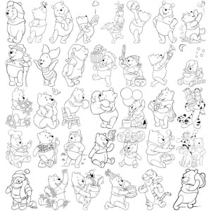 May include: A collection of black and white line art illustrations featuring Winnie the Pooh in various poses and activities. The images include Pooh with balloons, honey pots, and gifts, as well as other characters.