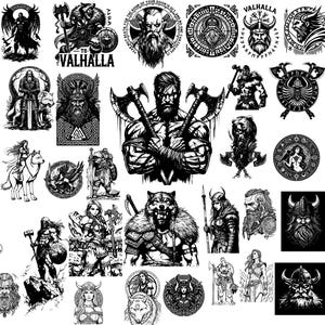 May include: A collection of black and white Viking-themed illustrations. The images depict warriors, gods, and symbols associated with Norse mythology, including axes, helmets, and runes. The artwork is detailed and stylized.