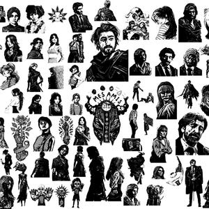 Puede incluir: Una colección de ilustraciones en blanco y negro que presentan diversas figuras y retratos. Las imágenes incluyen representaciones de personas, flores y diseños abstractos, todo ello renderizado en un estilo artístico detallado. El tema general es una mezcla de retratos y elementos decorativos.