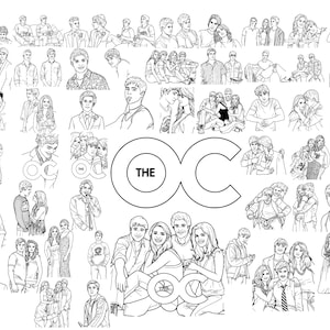 Puede incluir: Dibujos lineales en blanco y negro que presentan múltiples ilustraciones de personas, parejas y grupos. El elemento central del diseño es el texto "THE OC" en una fuente grande y estilizada, con las "O" formando un símbolo de infinito.