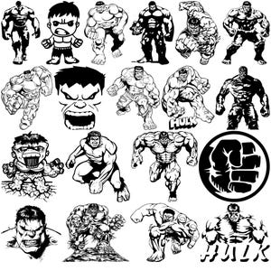 Könnte beinhalten: Eine Sammlung von Schwarz-Weiß-Illustrationen von Hulk in verschiedenen Posen. Die Bilder umfassen Ganzkörperdarstellungen, Nahaufnahmen des Gesichts und ein Faustsymbol. Hulk wird in verschiedenen Stellungen gezeigt, darunter rennen, hocken und stehen.