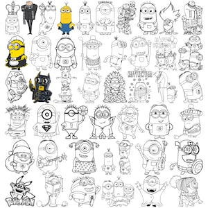 Op de afbeelding: Een verzameling zwart-wit illustraties van Minion-personages in verschillende poses en kostuums. Sommige zijn geel en blauw gekleurd. De afbeelding bevat personages verkleed als Batman, Superman en een vampier, met tekst die "Happy Birthday" en "Happy New Year" zegt.