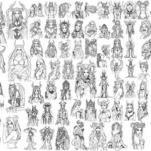 Può includere: Una collezione di illustrazioni in bianco e nero raffiguranti varie figure femminili con corna, ali e altri elementi fantasy. I disegni mostrano diversi stili e pose, con dettagli intricati e vari livelli di ombreggiatura.