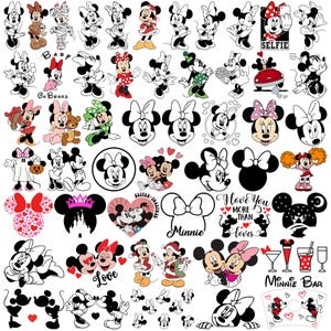 Puede incluir: Una colección de gráficos con el tema de Minnie Mouse en varias poses y estilos. Las imágenes incluyen ilustraciones de cuerpo completo, retratos y siluetas, con texto como "Love" y "Minnie Bar". La paleta de colores es principalmente negro, blanco y rojo.