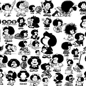 Puede incluir: Colección de ilustraciones de dibujos animados en blanco y negro de una niña en varias poses y actividades. La palabra "Namaste" está en la parte superior izquierda. La niña tiene un peinado rizado grande y viste un vestido sencillo.