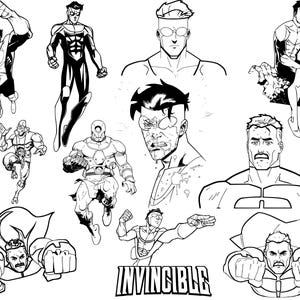May include: Black and white illustrations of the superhero Invincible in various action poses. The image includes full-body and headshot drawings, with the word "INVINCIBLE" in bold lettering at the bottom. The artwork showcases dynamic superhero poses.