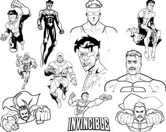 Paquete SVG Invencible / Diseños de acción de superhéroes, poses cómicas y gráficos llamativos / PNG + Vector / Descarga instantánea / Cricut