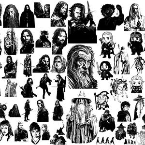 Peut inclure: Une collection d'illustrations en noir et blanc représentant des personnages d'une série fantastique. Les images comprennent des portraits, des représentations complètes et des figurines de style chibi de sorciers, de guerriers et d'autres êtres fantastiques.