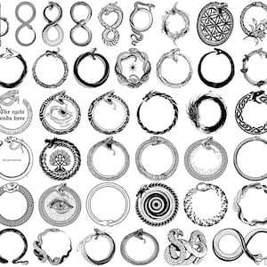 Könnte beinhalten: Eine Sammlung von schwarz-weißen Illustrationen mit verschiedenen Ouroboros-Motiven, Schlangen, die sich in den eigenen Schwanz beißen, Unendlichkeitssymbolen und kreisförmigen Mustern. Einige zeigen ein Auge, einen Baum oder den Text 'The cycle ends here'.