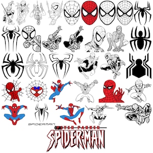 May include: A collection of Spider-Man themed illustrations and logos. The images include various poses of the superhero, his mask, and spider symbols. The color palette includes red, blue, black, and white. The text "Peter Parker Spider-Man" is also present.