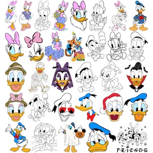 Puede incluir: Una colección de imágenes de dibujos animados con el Pato Donald y la Pata Daisy en varias poses y disfraces. Algunas imágenes son en color, otras en blanco y negro. Los personajes se representan con diferentes atuendos, incluidos temas de Halloween y festivos.