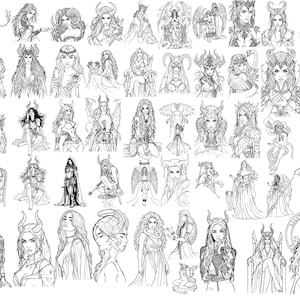 May include: A collection of black and white illustrations featuring various fantasy female characters. The drawings depict women with horns, wings, and other fantastical elements, in a variety of poses and outfits. The artwork is detailed and showcases a range of styles.
