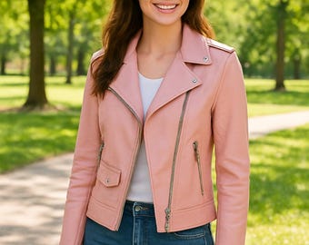 Handmade Pink Leather Biker Jacket for Women – Stylish Modern Design