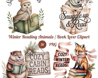 May include: Watercolor illustrations of winter animals reading books. An owl, koala, beaver, and fox are depicted with books, scarves, and winter accessories. Text includes "Silent Night Stories", "Snuggle up & Read", and "Cozy Cabin Reads".