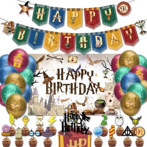 May include: A festive birthday party decoration set with a banner that reads "Happy Birthday". Includes balloons, cupcake toppers, and a cake with a "Happy Birthday" topper. The theme is inspired by a popular fantasy series.