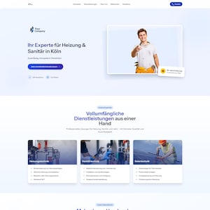 Może przedstawiać: Projekt strony internetowej dla firmy zajmującej się instalacjami wodno-kanalizacyjnymi i grzewczymi. Strona zawiera nagłówek z logo firmy i danymi kontaktowymi, zdjęcie uśmiechniętego pracownika oraz sekcje szczegółowo opisujące usługi.