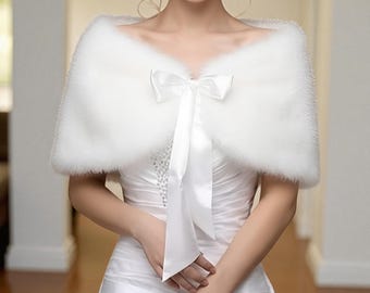 Soft White Faux Fur Wedding Shoulder Shawl Bridal Wrap With Satin Bow – 28cm Tall