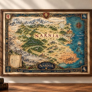 May include: A rectangular wall map of Narnia framed in dark wood, featuring detailed illustrations of mountains, forests, and the Eastern Sea. The map displays text labels for locations like The Northern Mountains, Calormen, and Narnia in a vintage style.