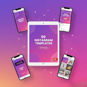 May include: A digital marketing product with a tablet and four smartphones. The tablet displays "50 Instagram Templates" and "50 Prompts". The smartphones show "Quote Post", "Mood Baolates", "Flash Sale", and "Mood Board" on their screens. The background is a gradient of purple and pink.