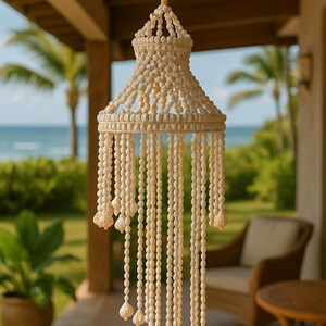 Peut inclure: Un mobile suspendu composé de nombreuses petites coquilles blanc cassé enfilées en brins verticaux. La structure présente une section supérieure en forme de cloche à plusieurs niveaux avec une perle en bois et une corde de jute pour la suspension.