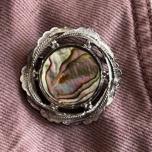 Vintage EXQUISITE Signed Silver Tone Abalone Shell Brooch, Mid Century Modern Wreath Pin