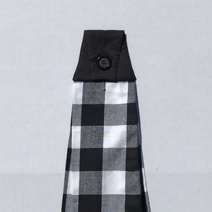 Hanging Towel, towel with topper, towel with button, white and black, tea towel, buffalo plaid, gift, home decor, kitchen.