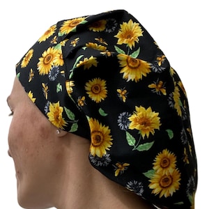 Bouffant style nurse hat, large scrub hat, no seams over ears, nursing cap
