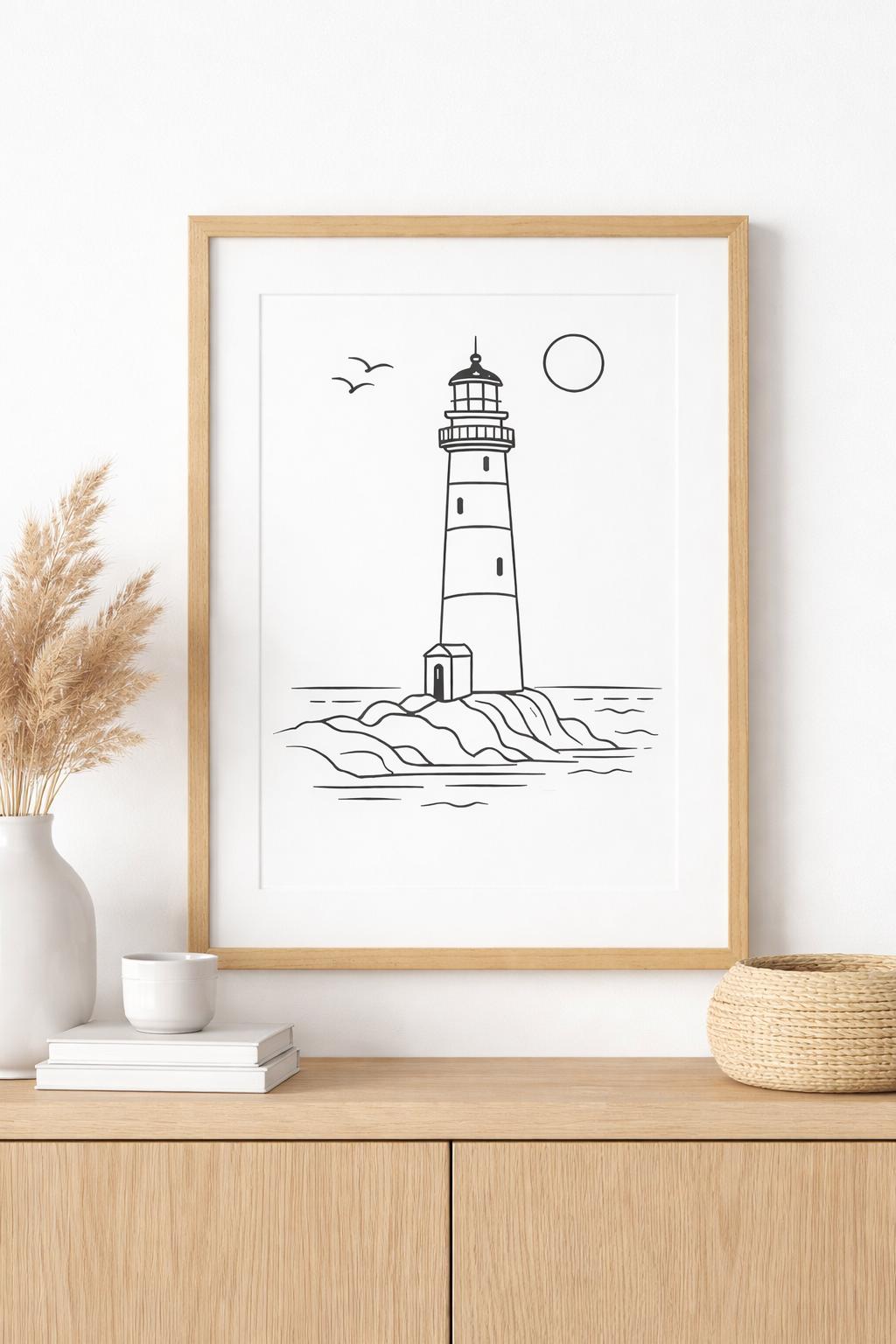 Minimal Lighthouse Printable Wall Art, Black and White Coastal Line Art ...