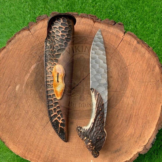 Hand Forged Hammered Steel Knife | Antler Handle | Custom Hunting Knife| Leather Sheath | Bushcraft | Gift