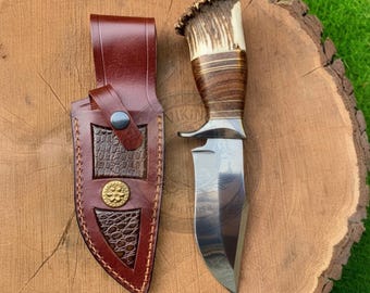 Handcrafted Hunting Knife with Polished Steel Blade & Stag Antler Handle | Custom Leather Sheath Included