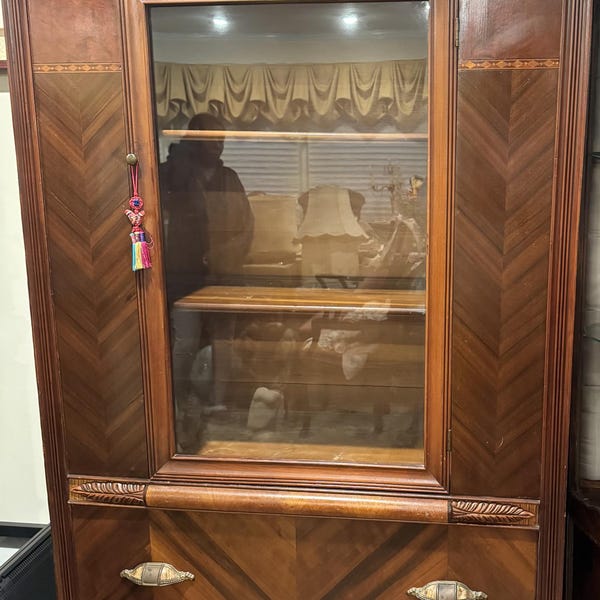 Vintage Mahogany China Display Cabinet Hutch Walnut Inlay