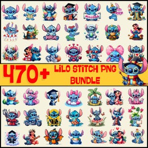 May include: A selection of colourful digital illustrations of the character Stitch from the animated film Lilo & Stitch. The images show Stitch in various poses and outfits, with the text "470+ Lilo Stitch PNG Bundle".