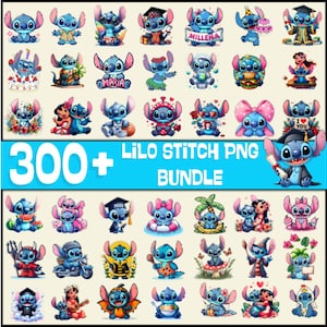Könnte beinhalten: Eine Sammlung farbenfroher Stitch-PNG-Bilder in verschiedenen Posen und Outfits. Die Bilder zeigen Stitch mit Abschlusskleidung, Blumen haltend und mehr. Der Text "300+ Lilo Stitch PNG BUNDLE" ist auf einem blauen Banner zu sehen.