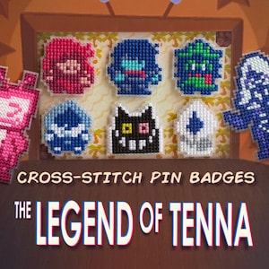Puede incluir: Una colección de insignias de punto de cruz con personajes pixelados en varios colores. Las insignias incluyen un robot rosa, una figura roja, una figura azul, una figura verde, un gato negro, una figura blanca y una figura azul. También se ve el texto "CROSS-STITCH PIN BADGES" y "THE LEGEND OF TENNA".