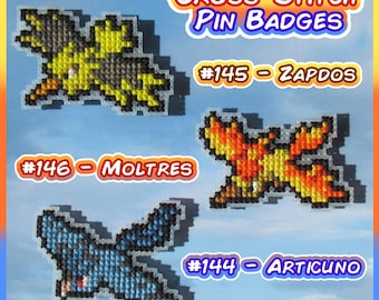 Legendary Birds Box Sprites (Zapdos, Moltres, Articuno) - Cross-Stitch Pin Badges