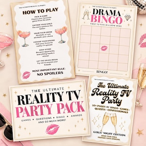 May include: A set of printed game cards for a reality TV party, including a How to Play card, a Drama Bingo card, and title cards. The cards feature black and pink text, illustrations of cocktails, champagne flutes, and pink lip prints.