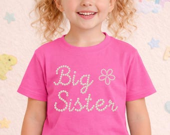 Camiseta de hermana mayor: Camiseta de hermana mayor con lazo coqueto de perlas, regalo para la nueva hermana.