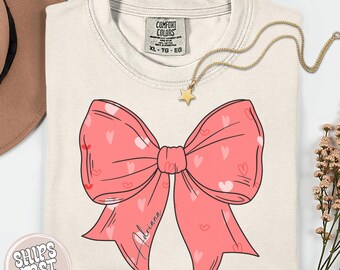 Custom Name Coquette Valentine's Day Heart Bow Shirt: Retro Balentine Sweatshirt, Pink Valentine's Day Tshirt, Comfort Colors