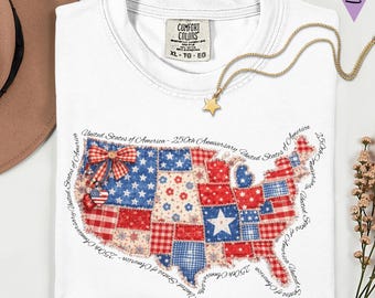 Camiseta del 250 aniversario de Estados Unidos, camiseta con estampado de retazos de imitación USA 1776-2026, regalo patriótico del 4 de julio.