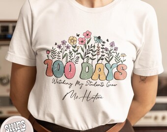 Personalized 100 Days Of School Teacher Shirt With Floral Design: Unisex Teaching T Shirt Gift For Educators