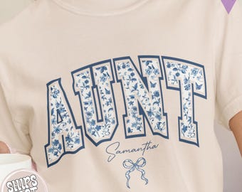 Personalized Aunt Shirt whit Name: Comfort Colors Custom Floral Bow Auntie Tee, Gift for New Aunty