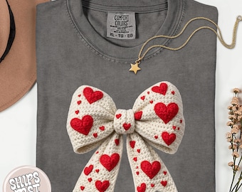 Faux Yarn Crochet Bow Valentines Day Shirt: Coquette Valentines Day Sweatshirt, Gift for Valentine